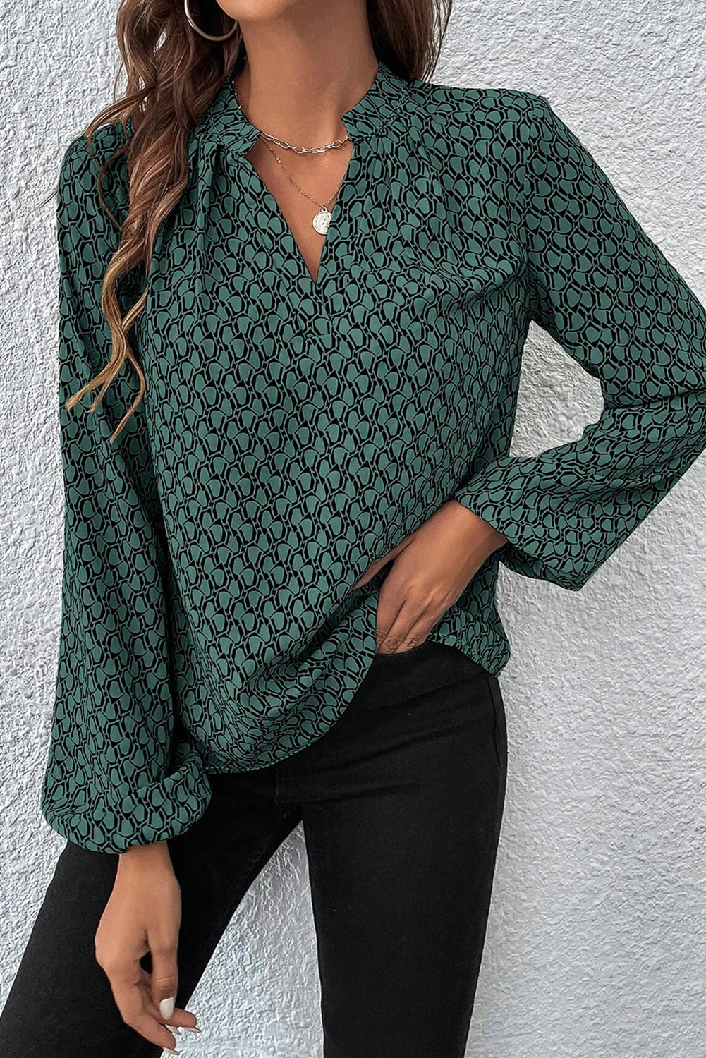 Khaki Geometric Print Notched Neck Puff Sleeve Blouse Tops/Blouses & Shirts