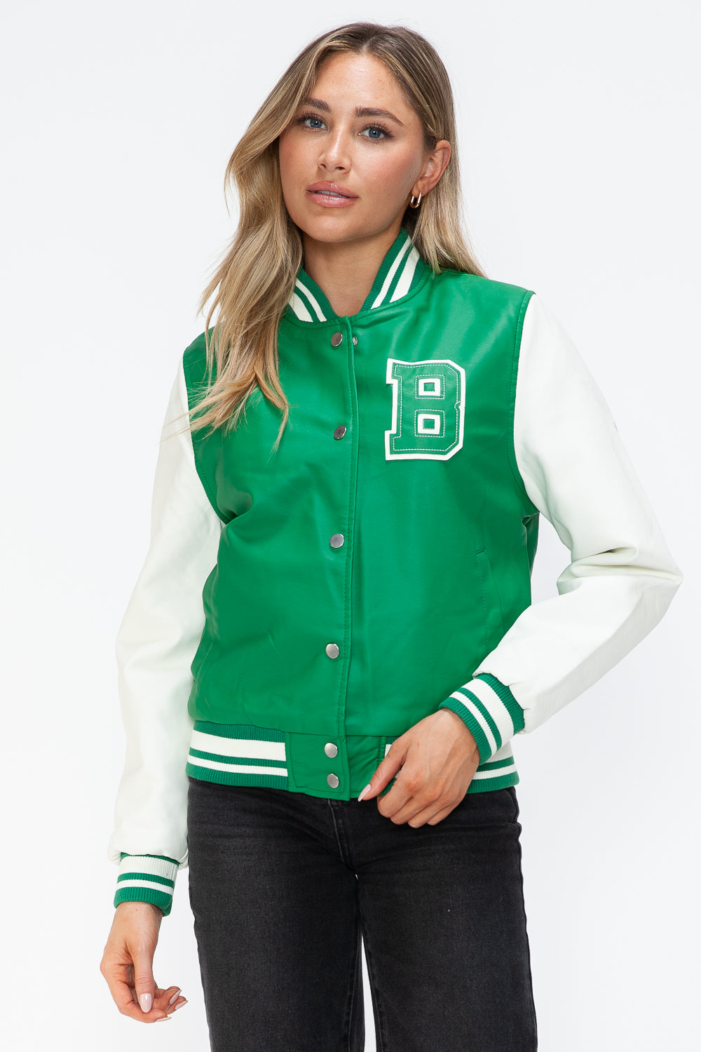 Love Me Now PU Leather Contrast Snap Down Bomber Jacket 