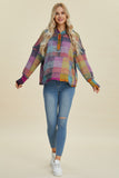 Double Take Full Size Plaid Dropped Shoulder Fleece Hoodie 