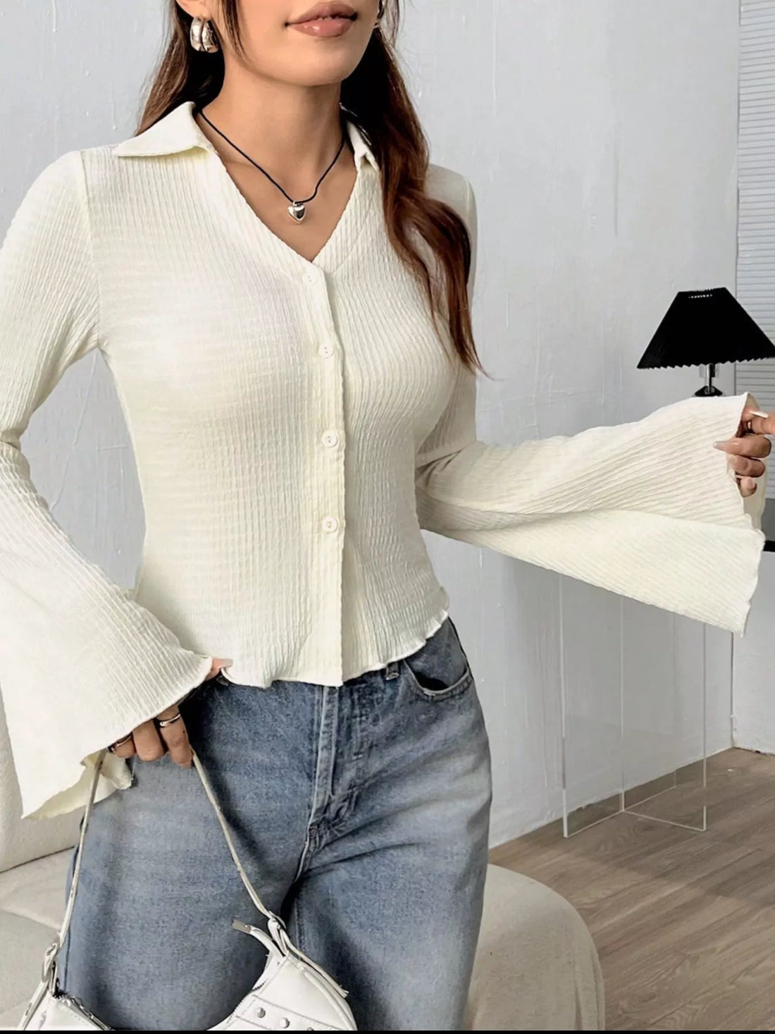 Button Up Flare Sleeve Shirt 