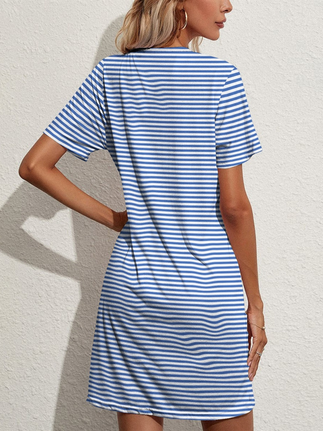 FAM-FAM Pocketed Striped Round Neck Short Sleeve Dress 