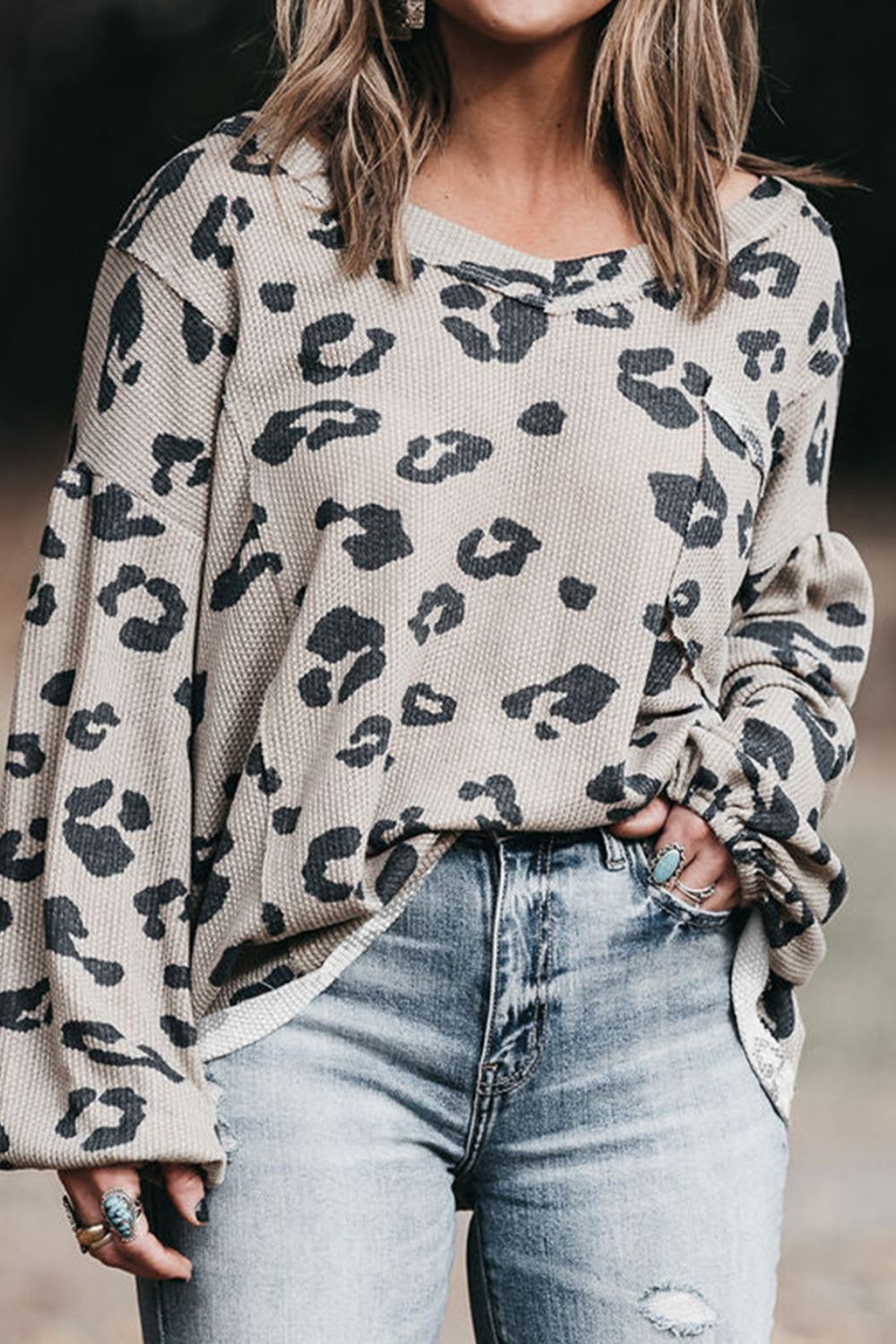 Plus Size Leopard V-Neck Dropped Shoulder T-Shirt 