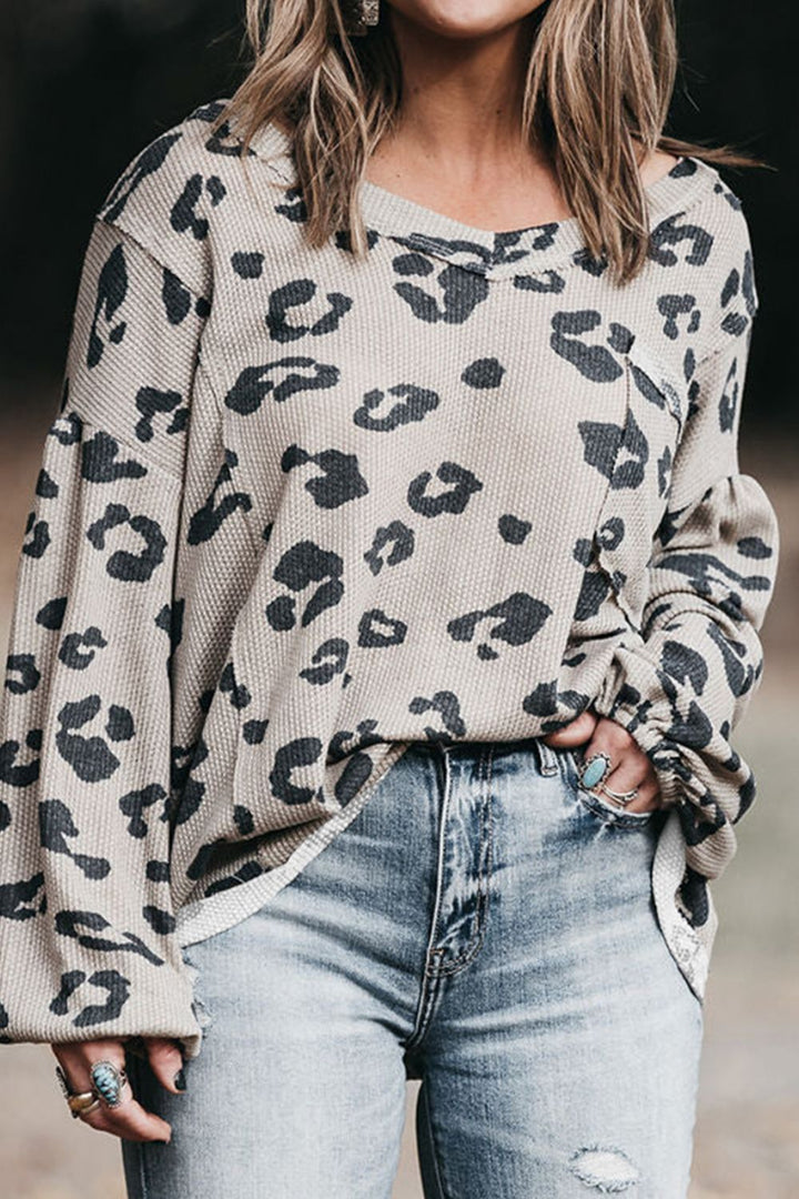 Plus Size Leopard V-Neck Dropped Shoulder T-Shirt 