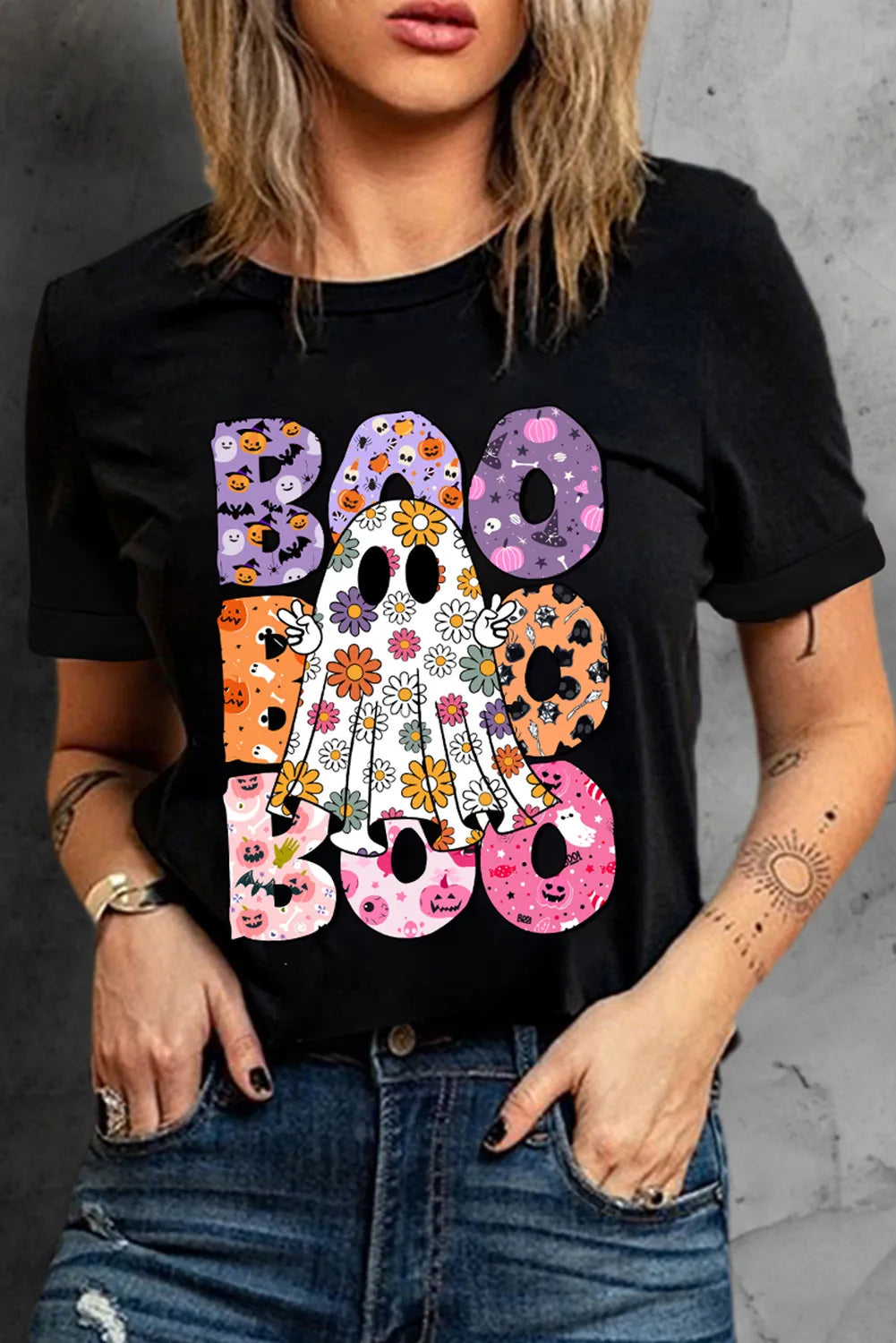 BOO Ghost Graphic Round Neck Short Sleeve T-Shirt 