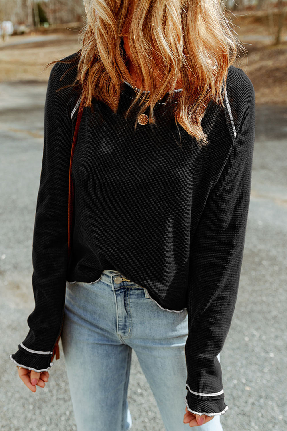 Black Textured Round Neck Long Sleeve Top Tops/Long Sleeve Tops