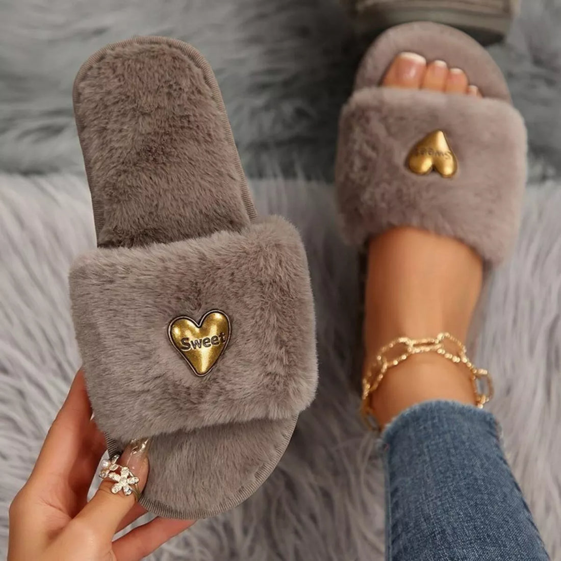 Heart Open Toe Flats Slippers 