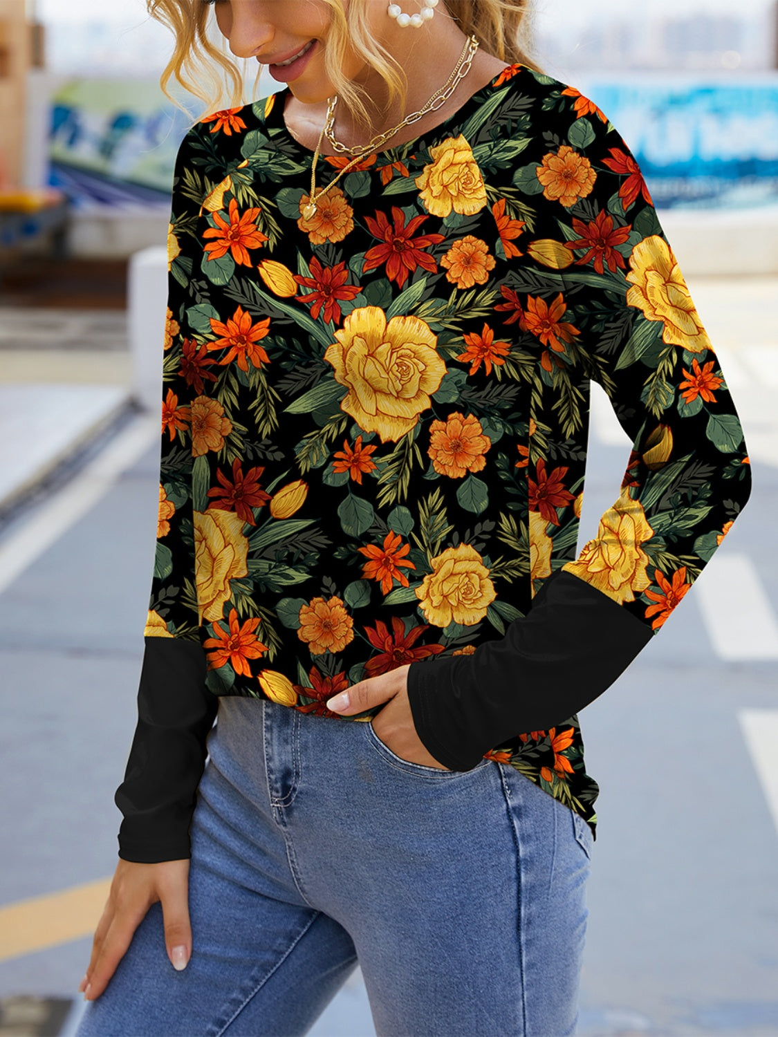 FAM-FAM Printed Round Neck Long Sleeve T-Shirt 