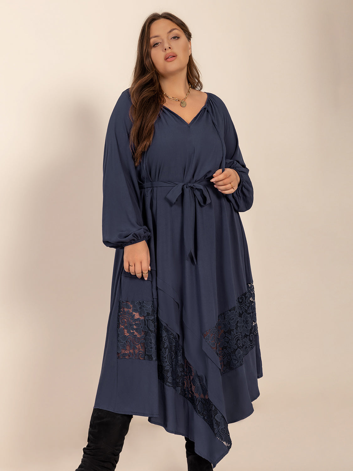 Plus Size Lace Detail Tie Neck Long Sleeve Midi Dress 