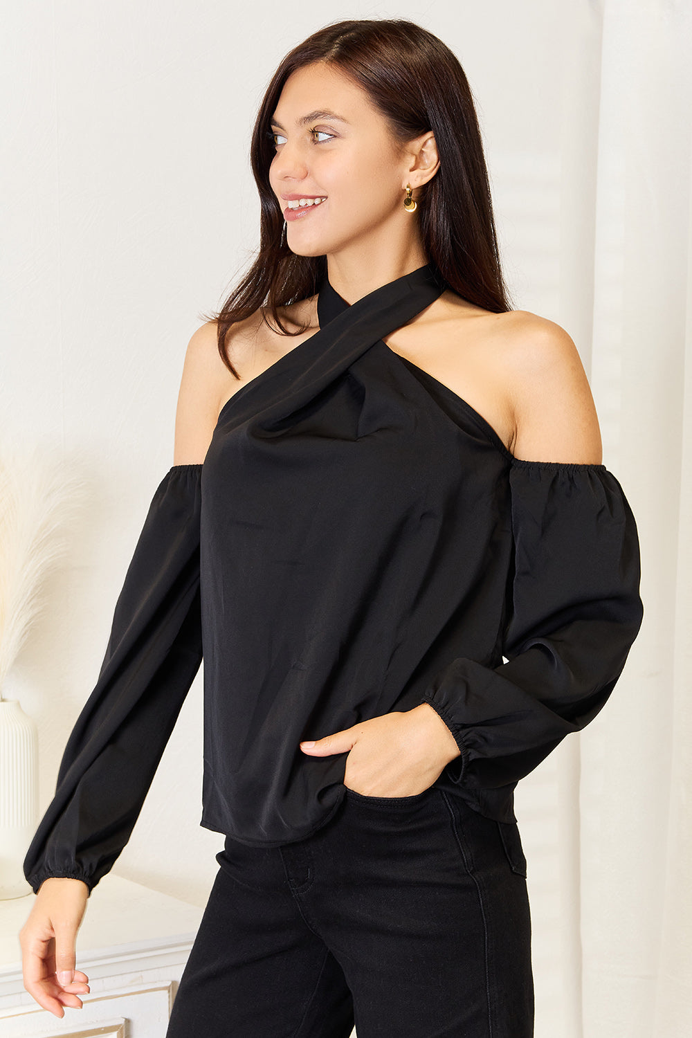 Perfee Grecian Cold Shoulder Long Sleeve Blouse 
