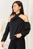 Perfee Grecian Cold Shoulder Long Sleeve Blouse 