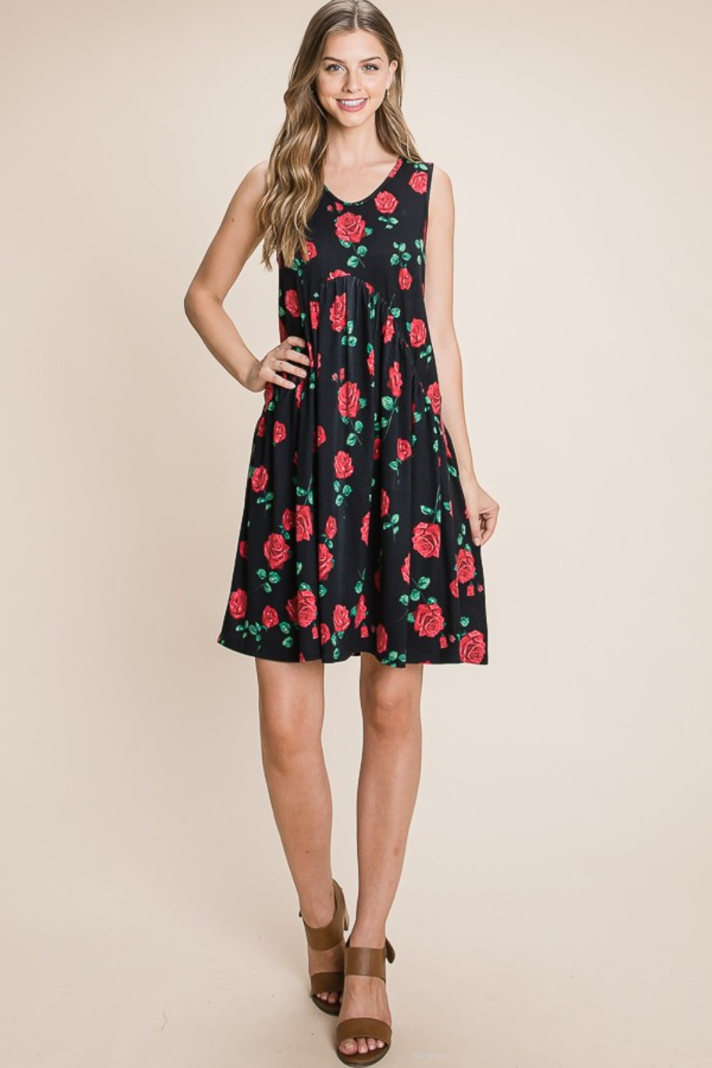BOMBOM Floral Ruched Tank Dress 