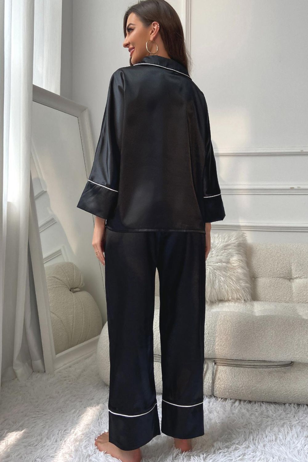 Contrast Piping Button-Up Top and Pants Pajama Set Lingerie & Nightwear