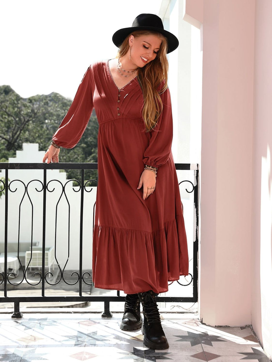Plus Size Quarter Button V-Neck Long Sleeve Dress 