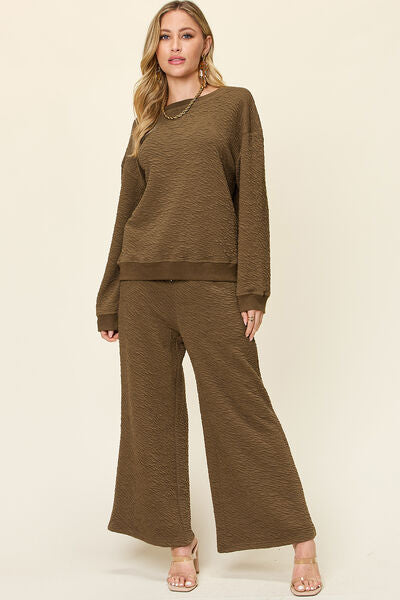 Double Take Full Size Texture Long Sleeve Top and Pants Set 