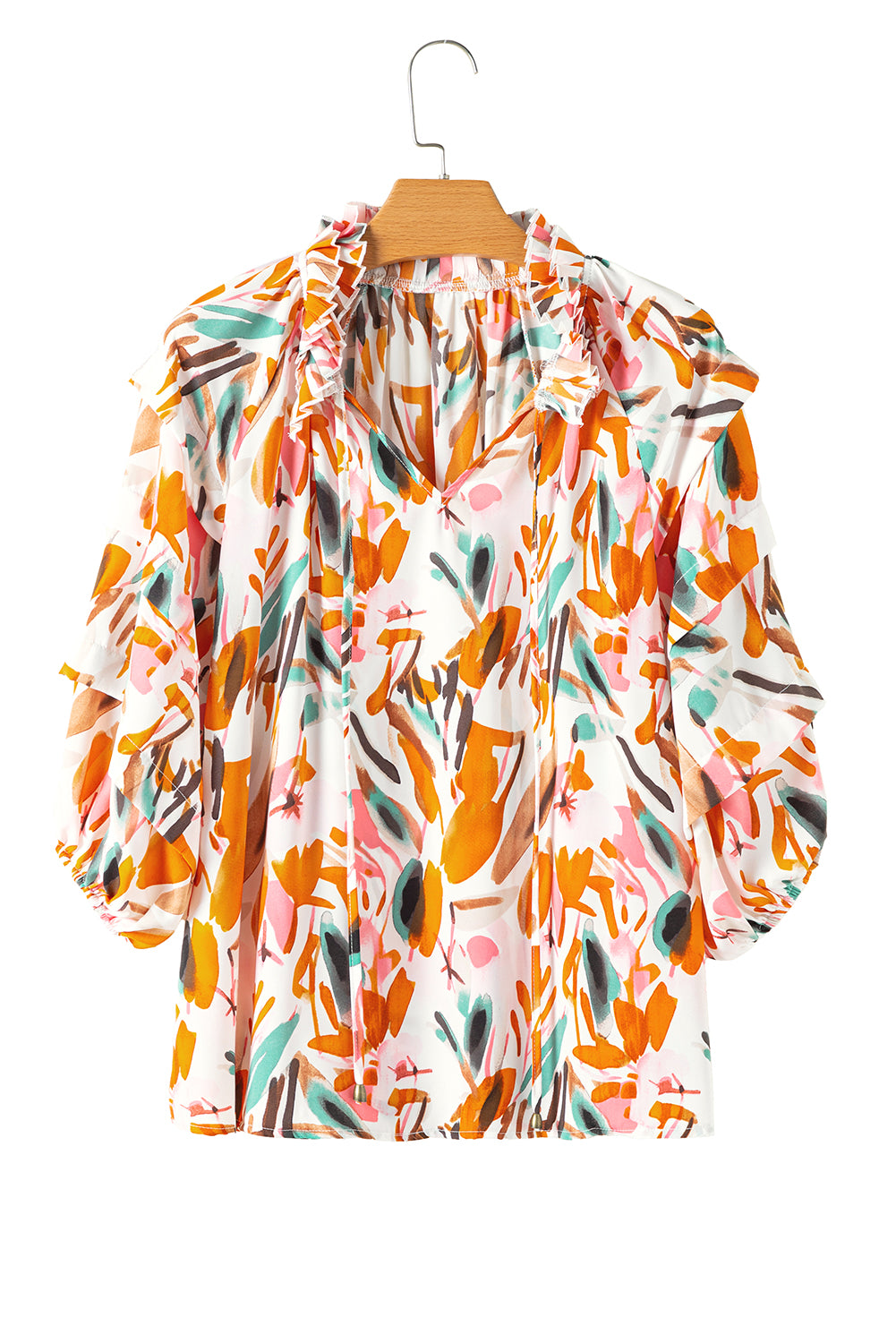 Yellow Abstract Print Drawstring Frilled V Neck 3/4 Sleeve Blouse Tops/Blouses & Shirts