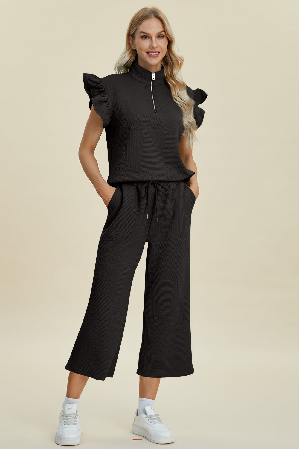 Double Take Full Size Texture Ruffle Short Sleeve Top and Wide Leg Pants Set 