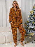 Animal Print  Zip Front Lounge Jumpsuit with Pockets Lingerie & Nightwear