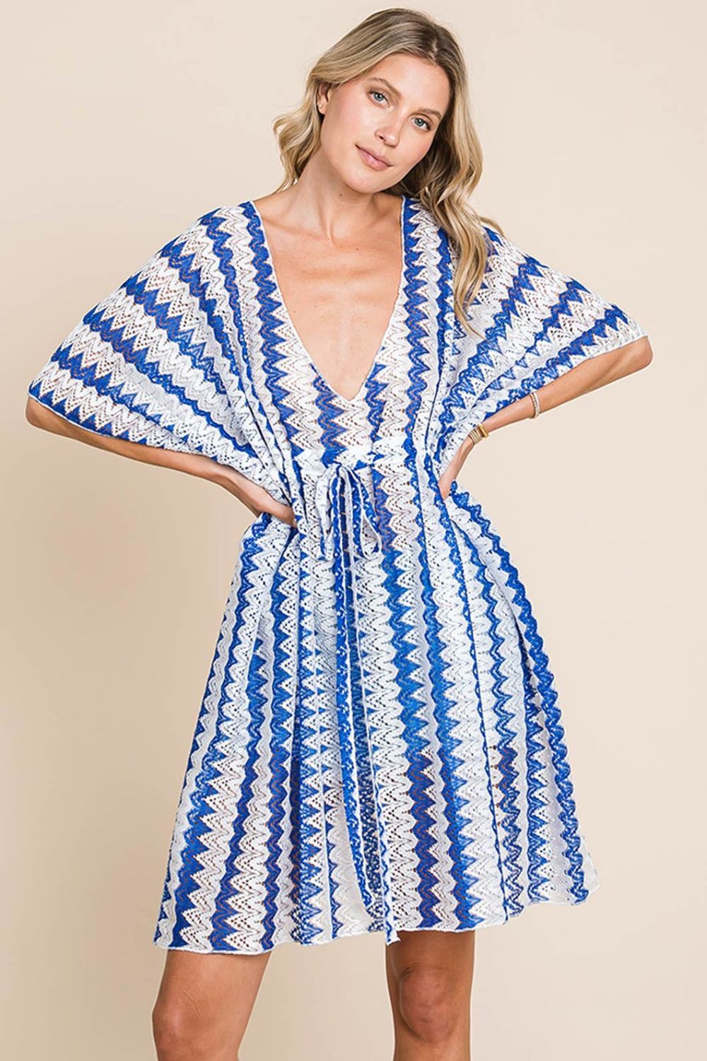 Cotton Bleu by Nu Lab Tied Striped Plunge Half Sleeve Cover-Up 