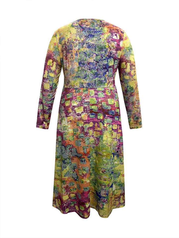 Plus Size Printed Round Neck Long Sleeve Dress 