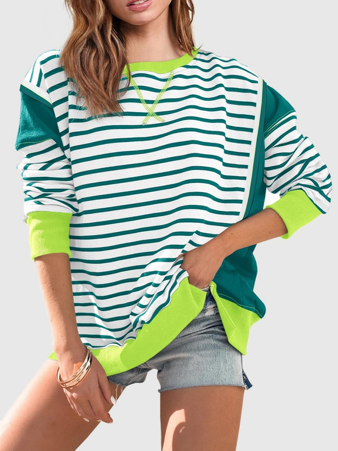 Slit Exposed Seam Striped Long Sleeve Sweatshirt 