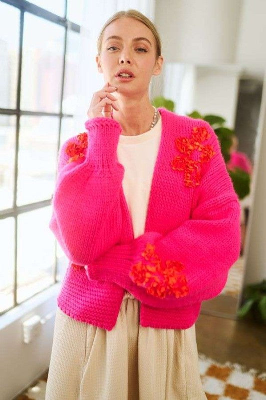 Davi & Dani Floral Applique Open Front Drop Shoulder Cardigan 