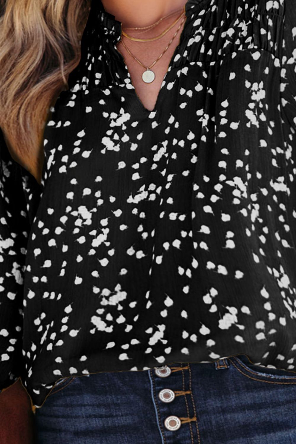 Plus Size Notched Neck Smocked Blouse 