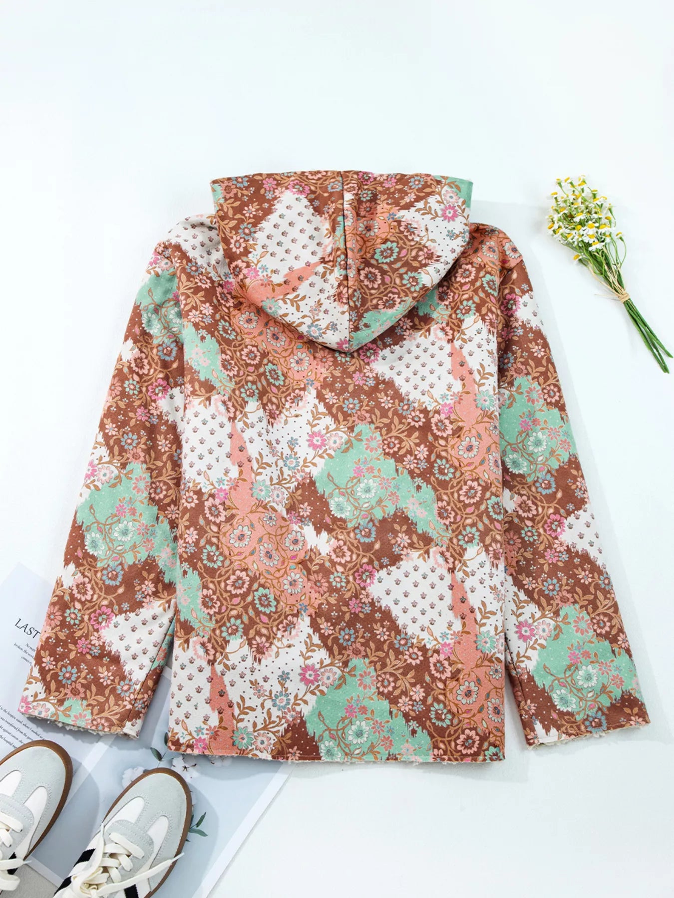 Floral Printed Sherpa Lined Hooded Jacket 