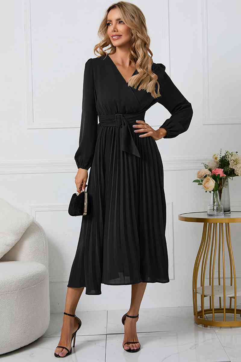 V-Neck Long Sleeve Tie Waist Midi Dress Dresses