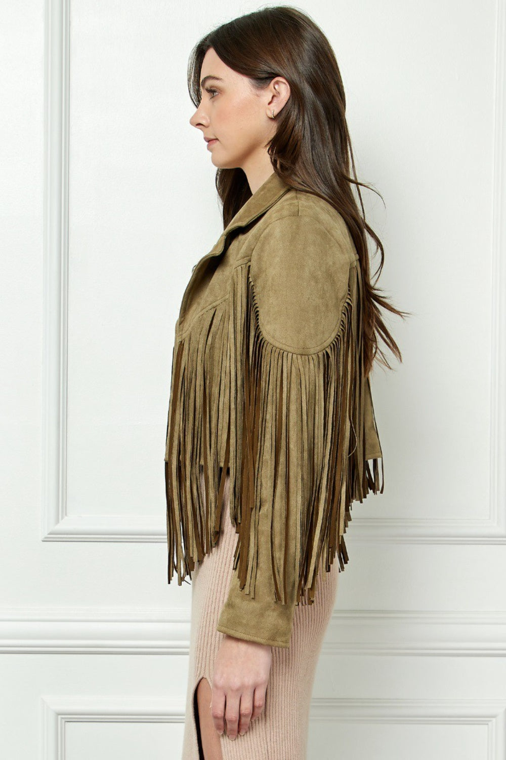 Veveret Suede Fringe Long Sleeve Moto Jacket 