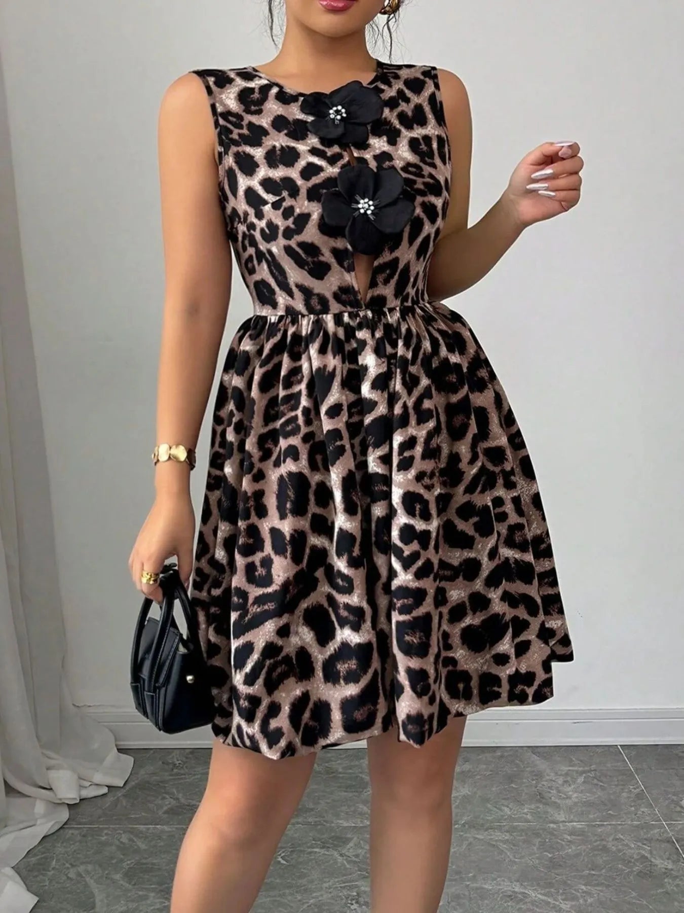 Leopard Print Sleeveless Fit and Flare Mini Dress 