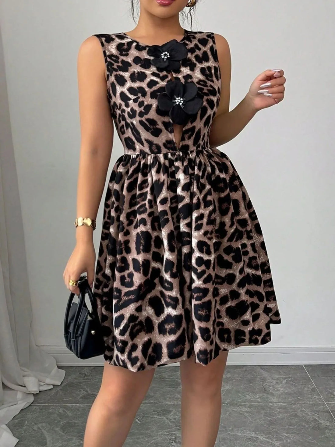 Leopard Print Sleeveless Fit and Flare Mini Dress 