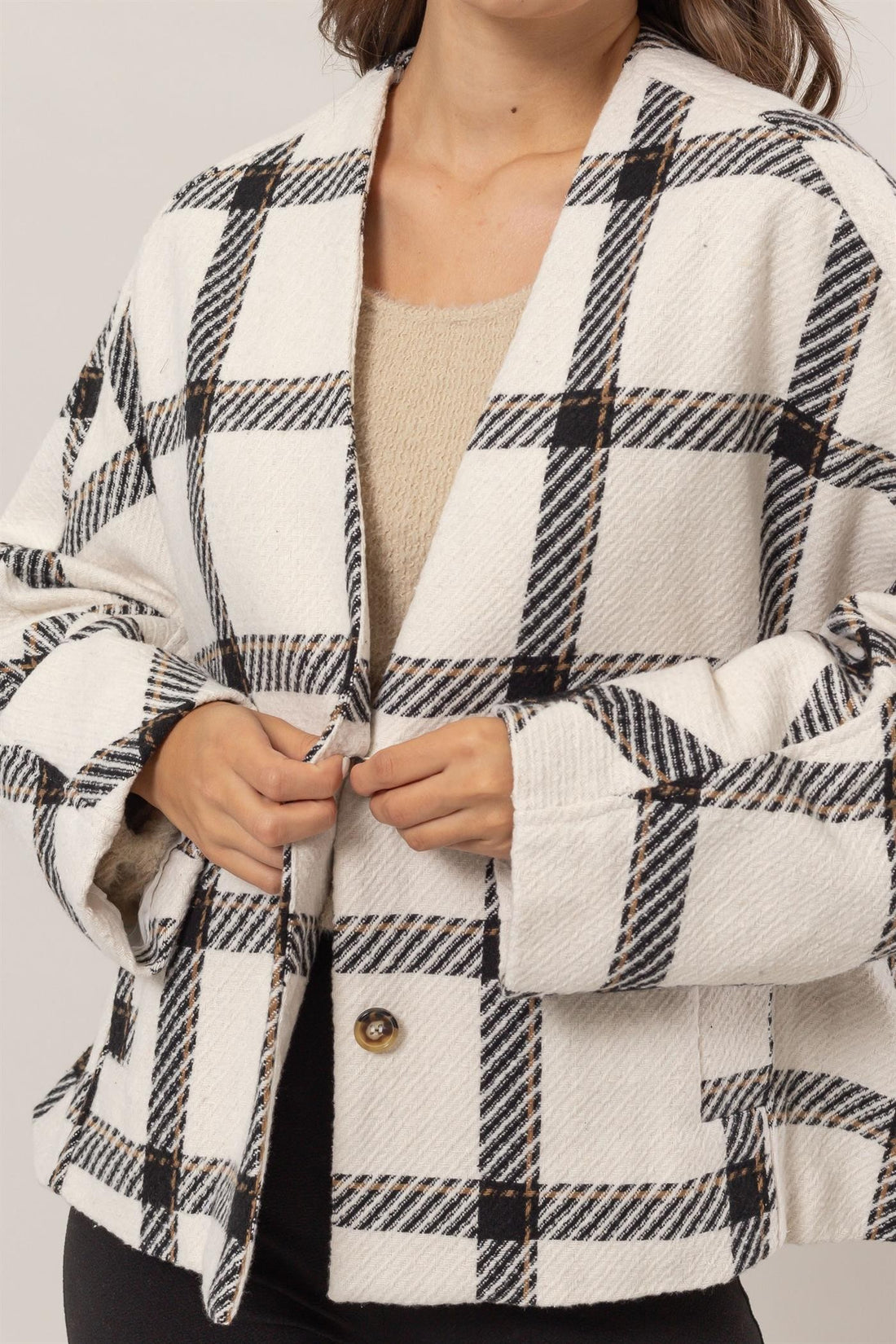 HYFVE Plaid Long Sleeve Jacket with Side Slit Pockets 