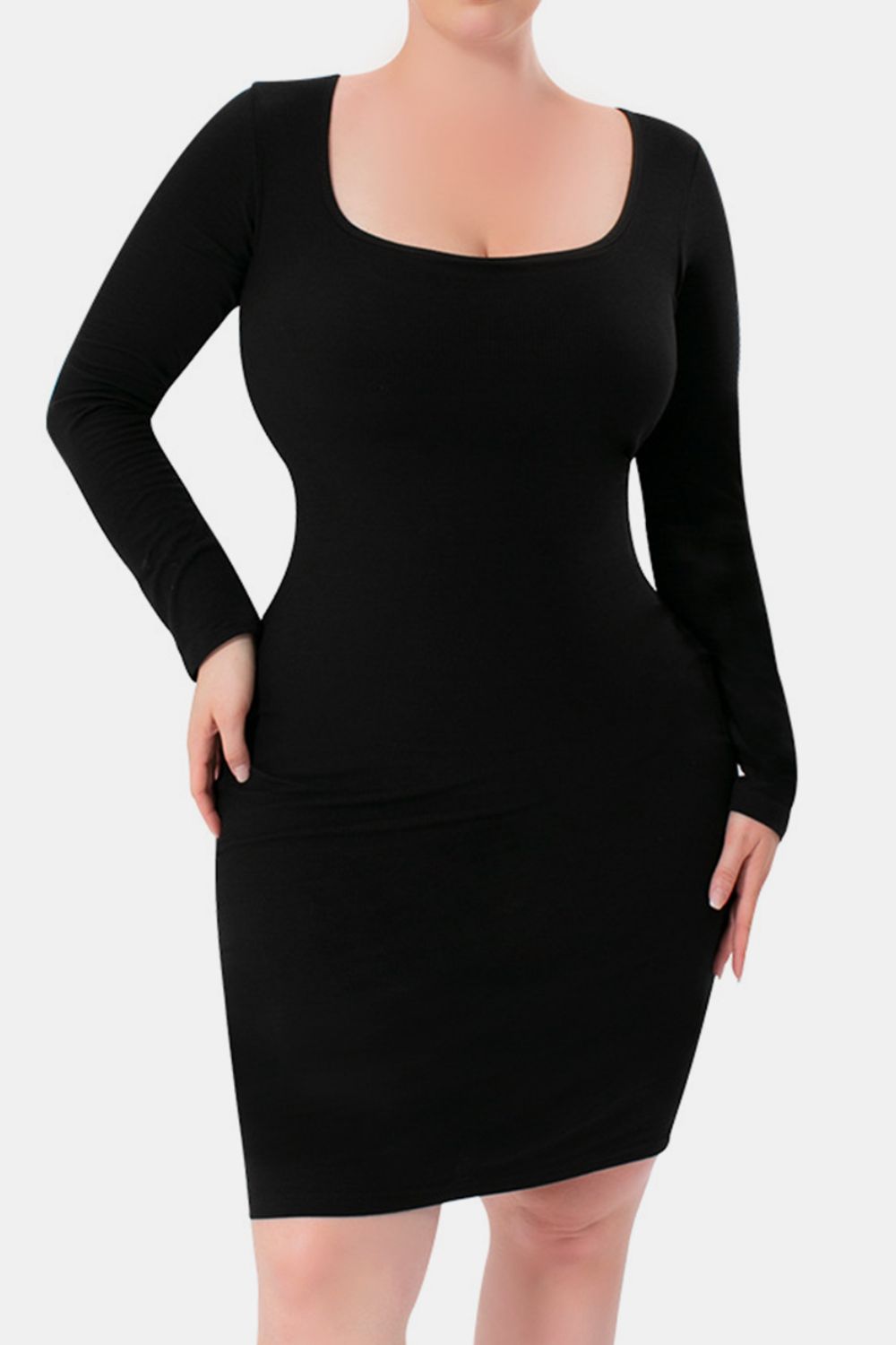 Basic Bae Full Size Built-In Shapewear Square Neck Long Sleeve Dress 