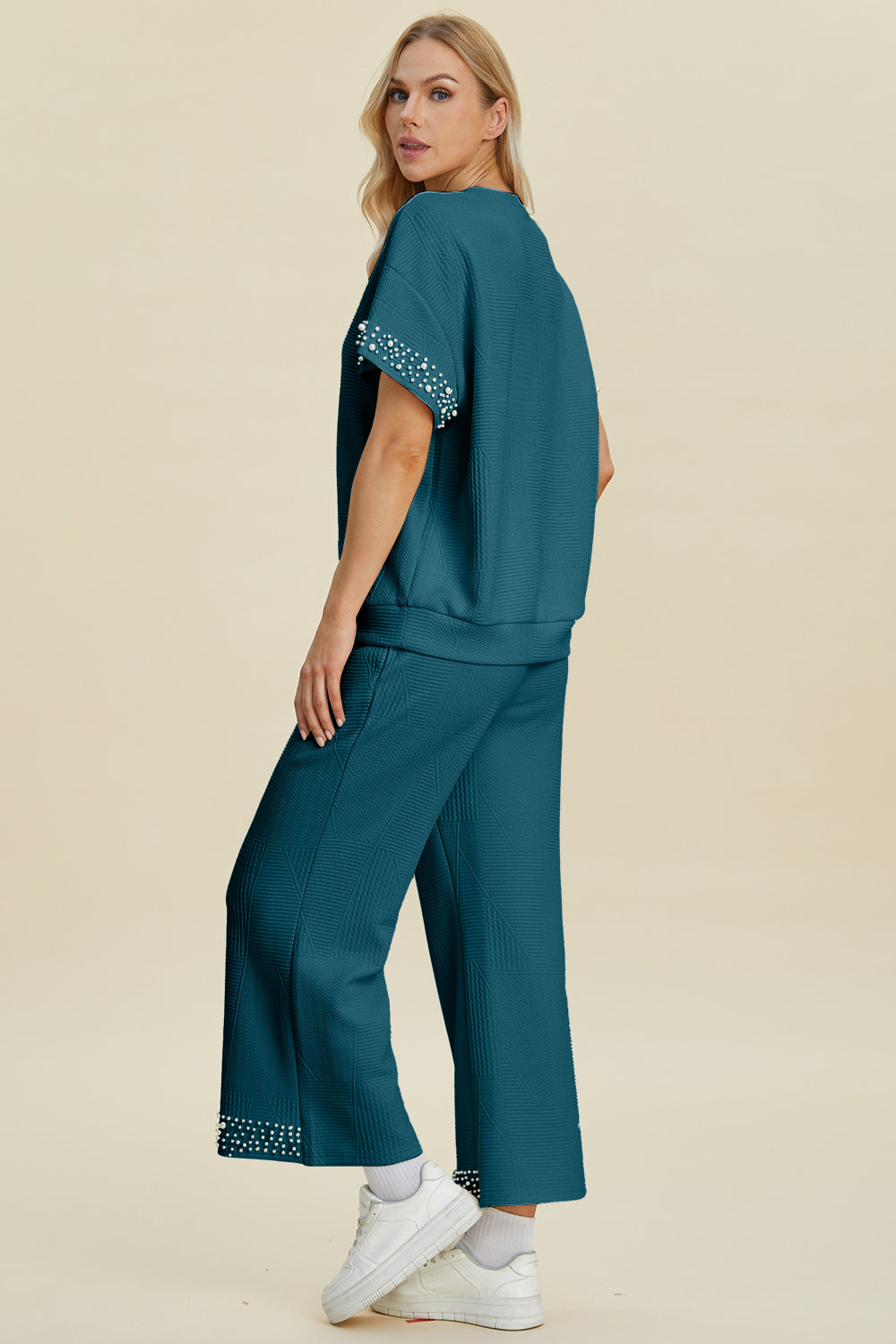 Double Take Full Size Pearl Detail Round Neck Top and Pants Set 