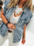 Button Flap Pocket Frayed Detail Denim Vest 