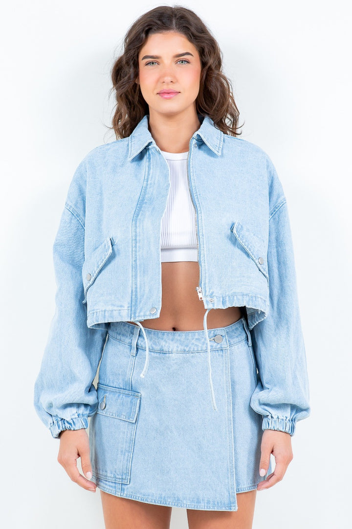 American Bazi Drawstring Waist Crop Denim Jacket 