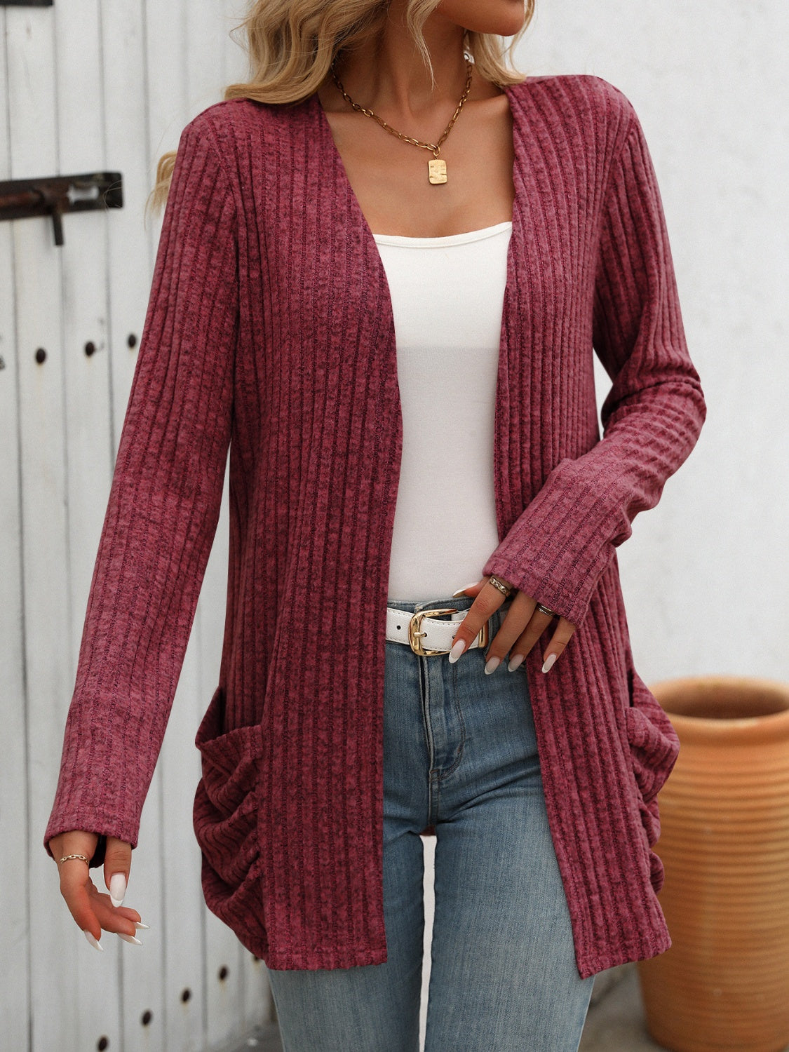 Mandy Open Front Long Sleeve Ribbed Cardigan 