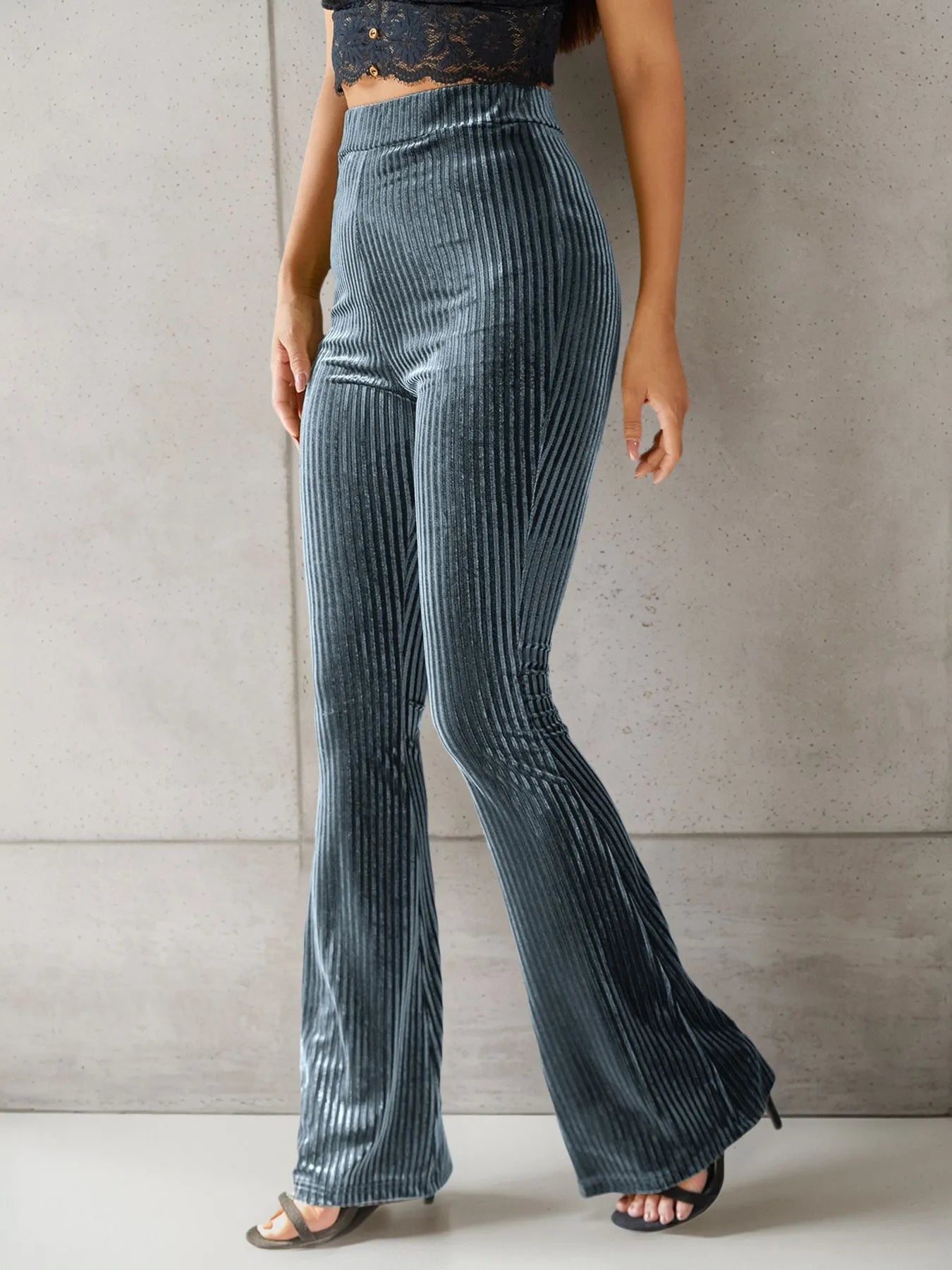 High-Waisted Ribbed Velvet Flare Pants 