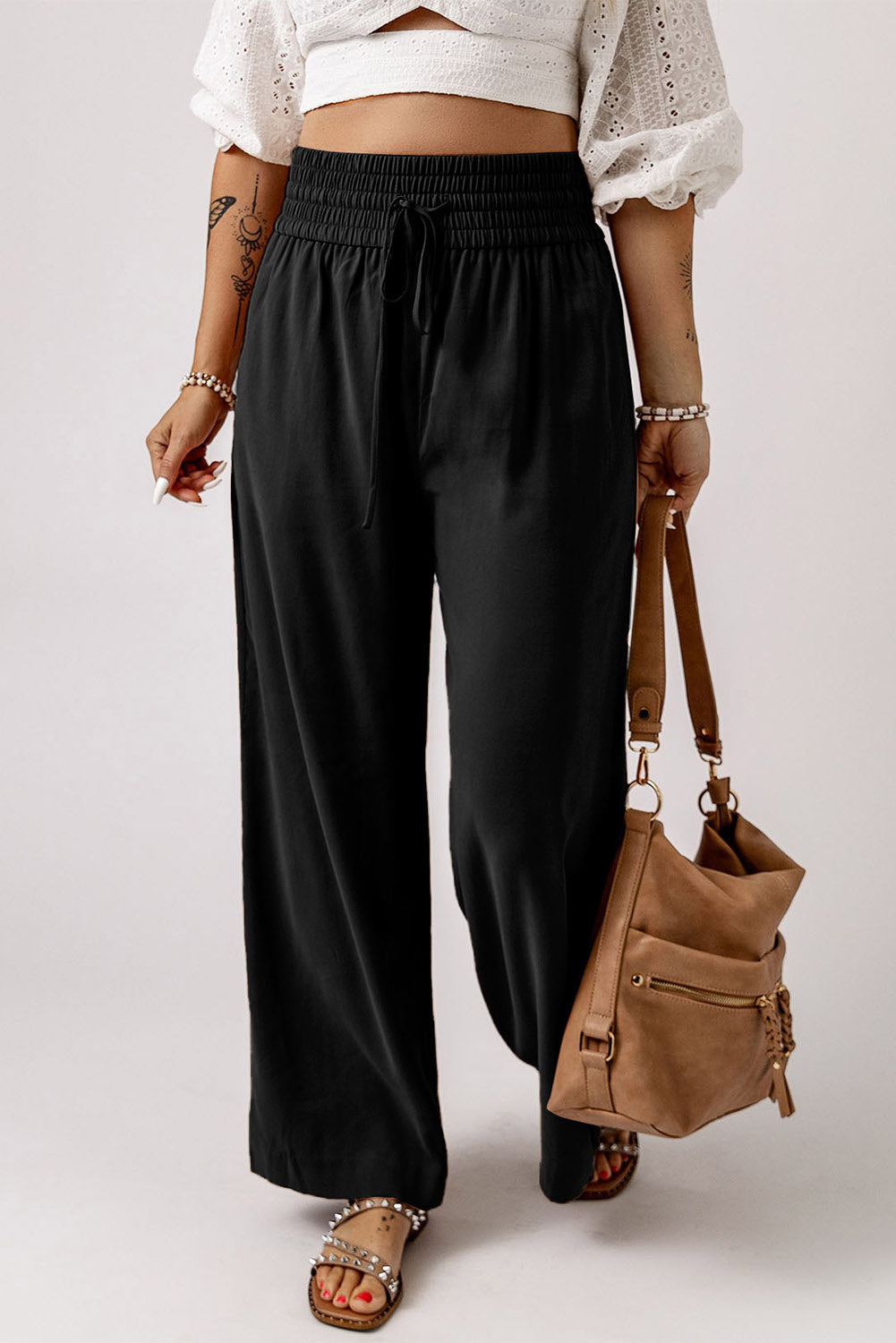 Brown Drawstring Elastic Waist Casual Wide Leg Pants Bottoms/Pants & Culotte