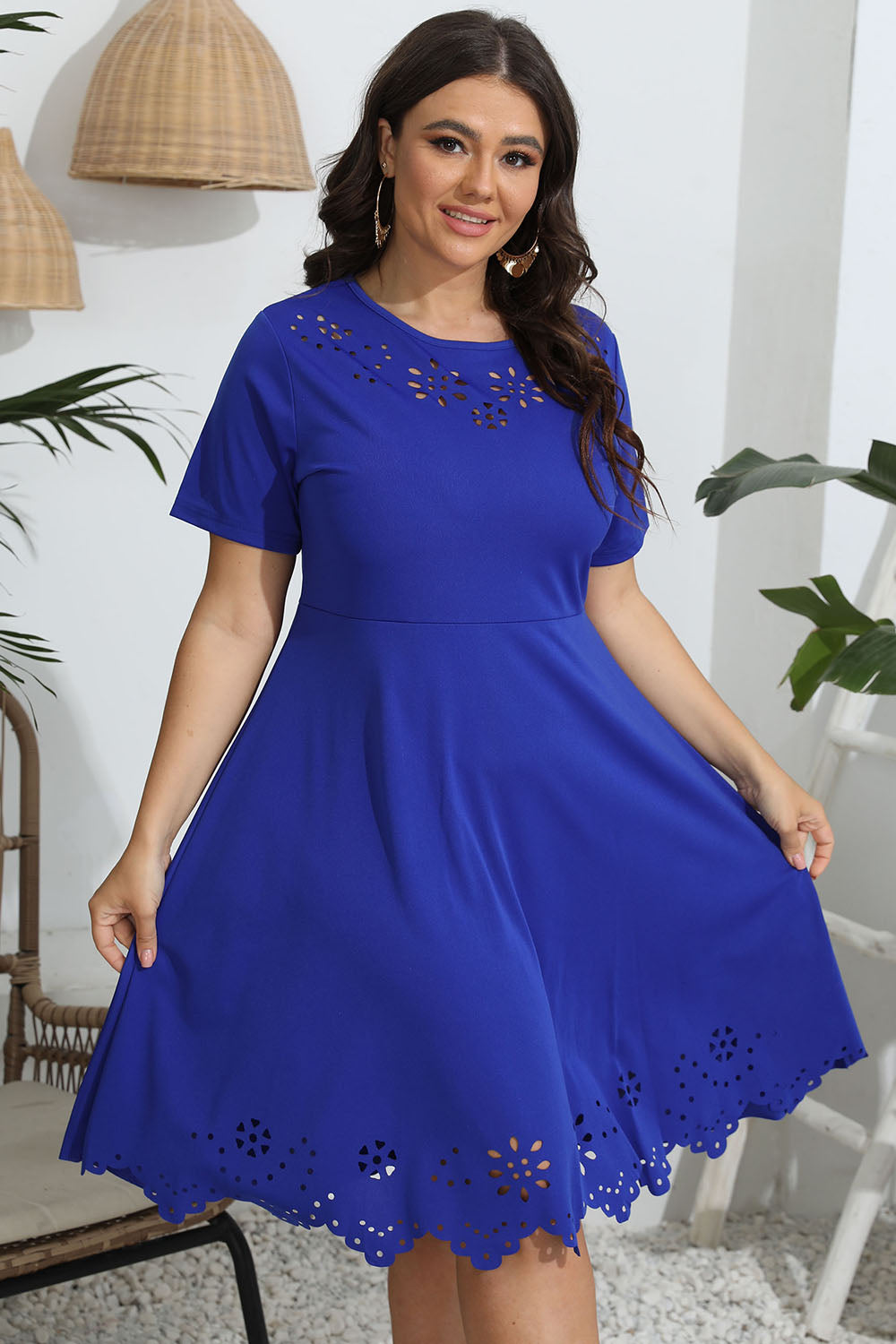 Plus Size Round Neck Openwork Dress 