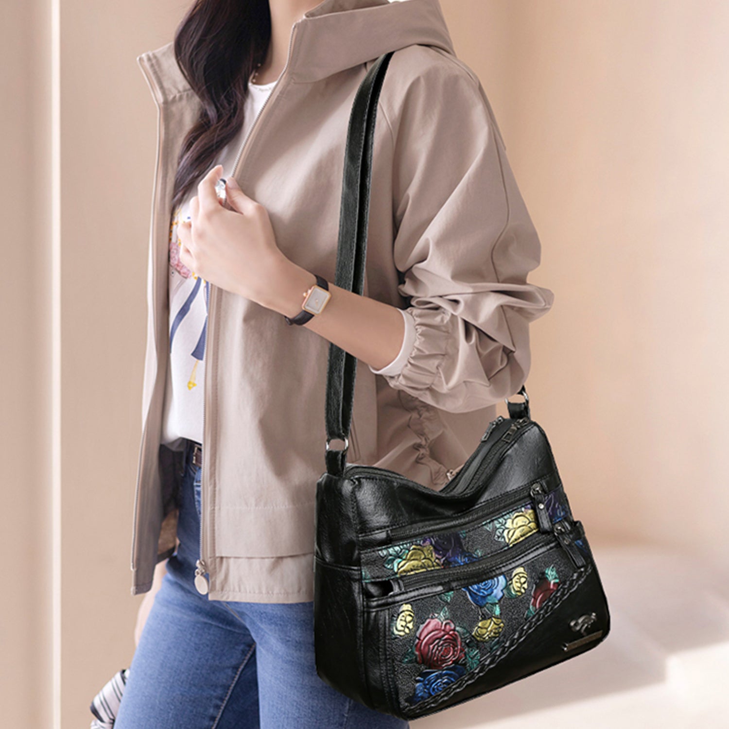 PU Leather Rose Pattern Shoulder Bag 
