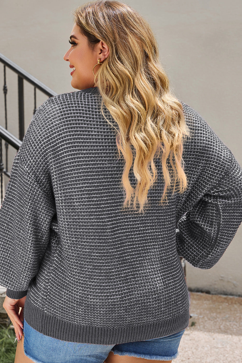Plus Size Waffle-Knit Round Neck Dropped Shoulder Sweater 