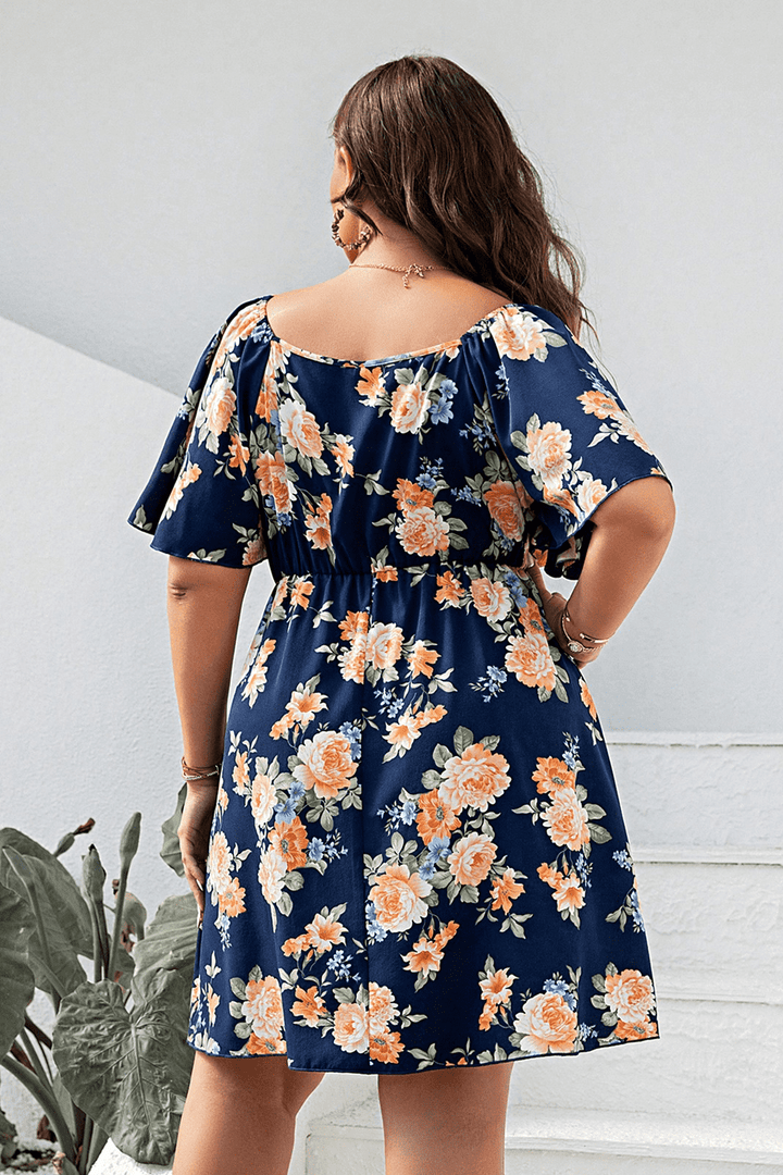 Plus Size Floral Print V-Neck Flutter Sleeve Mini Dress 