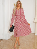 Tied Houndstooth Long Sleeve Midi Dress 