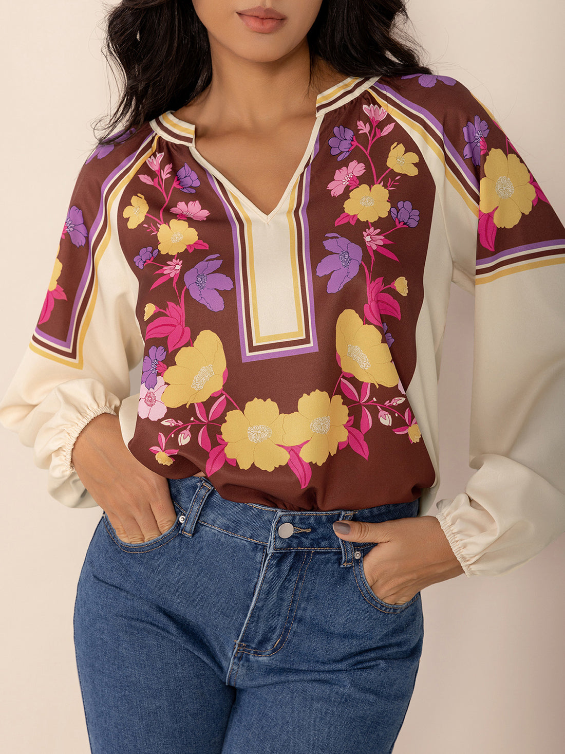 Printed Notched Long Sleeve Blouse 