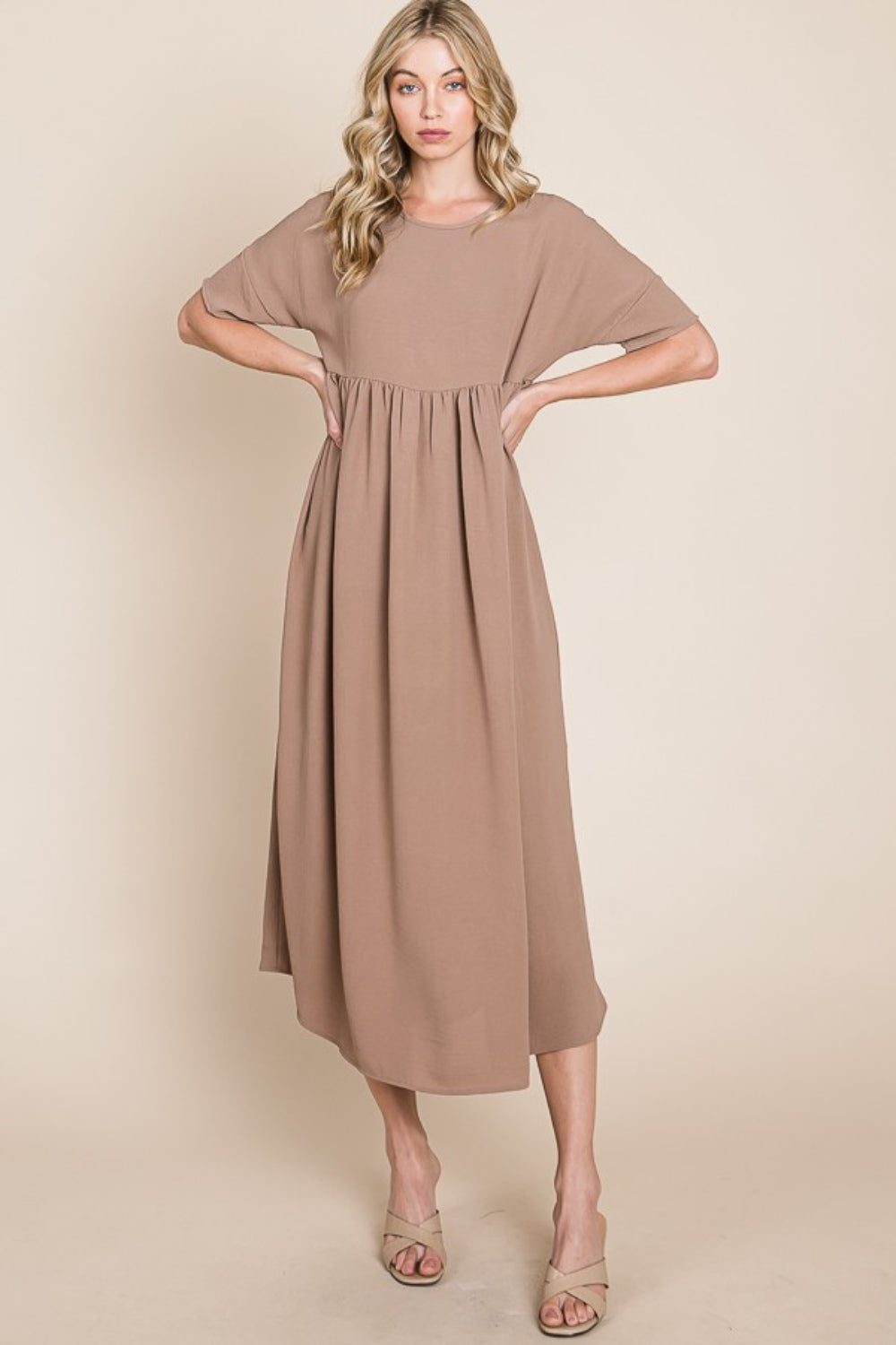 BOMBOM Round Neck Ruched Midi Dress 