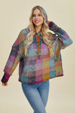 Double Take Full Size Plaid Dropped Shoulder Fleece Hoodie 
