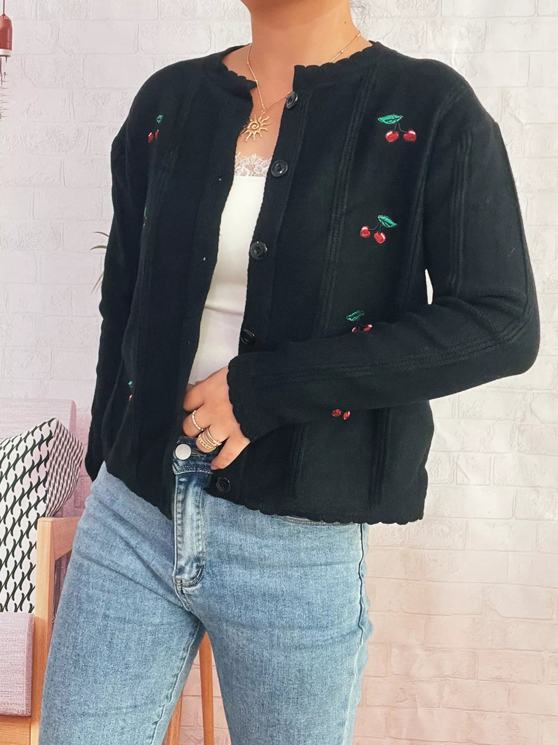 Cherry Embroidered Button Up Cardigan 