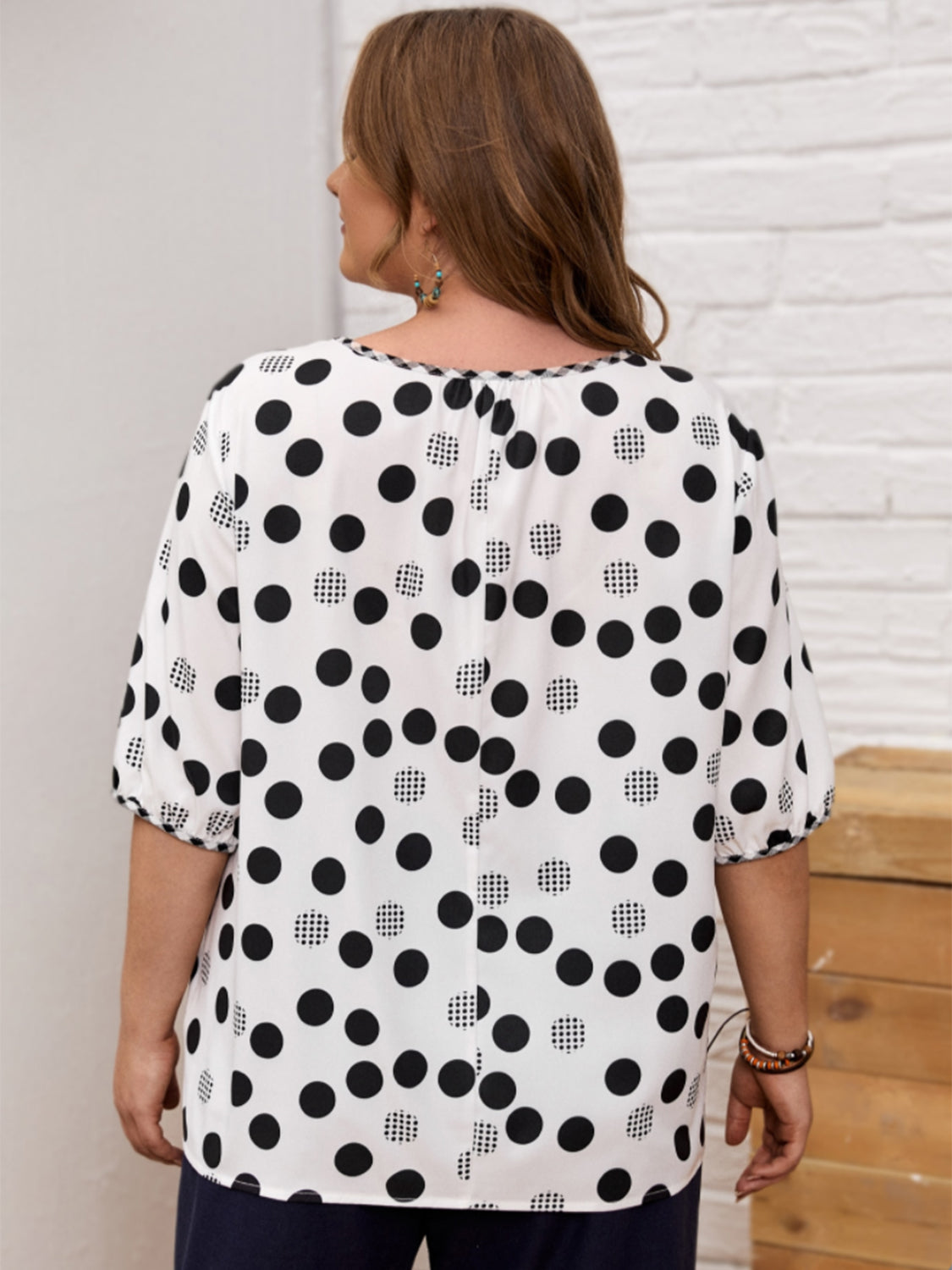 Plus Size Polka Dot Round Neck Half Sleeve Blouse 