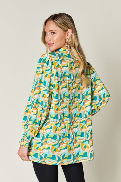 Double Take Full Size Printed Smocked Long Sleeve Blouse 